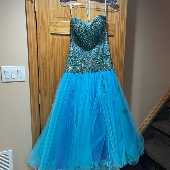 Sherri Hill Strapless Gown with beading, Aqua/Purple - Picture 3 of 4